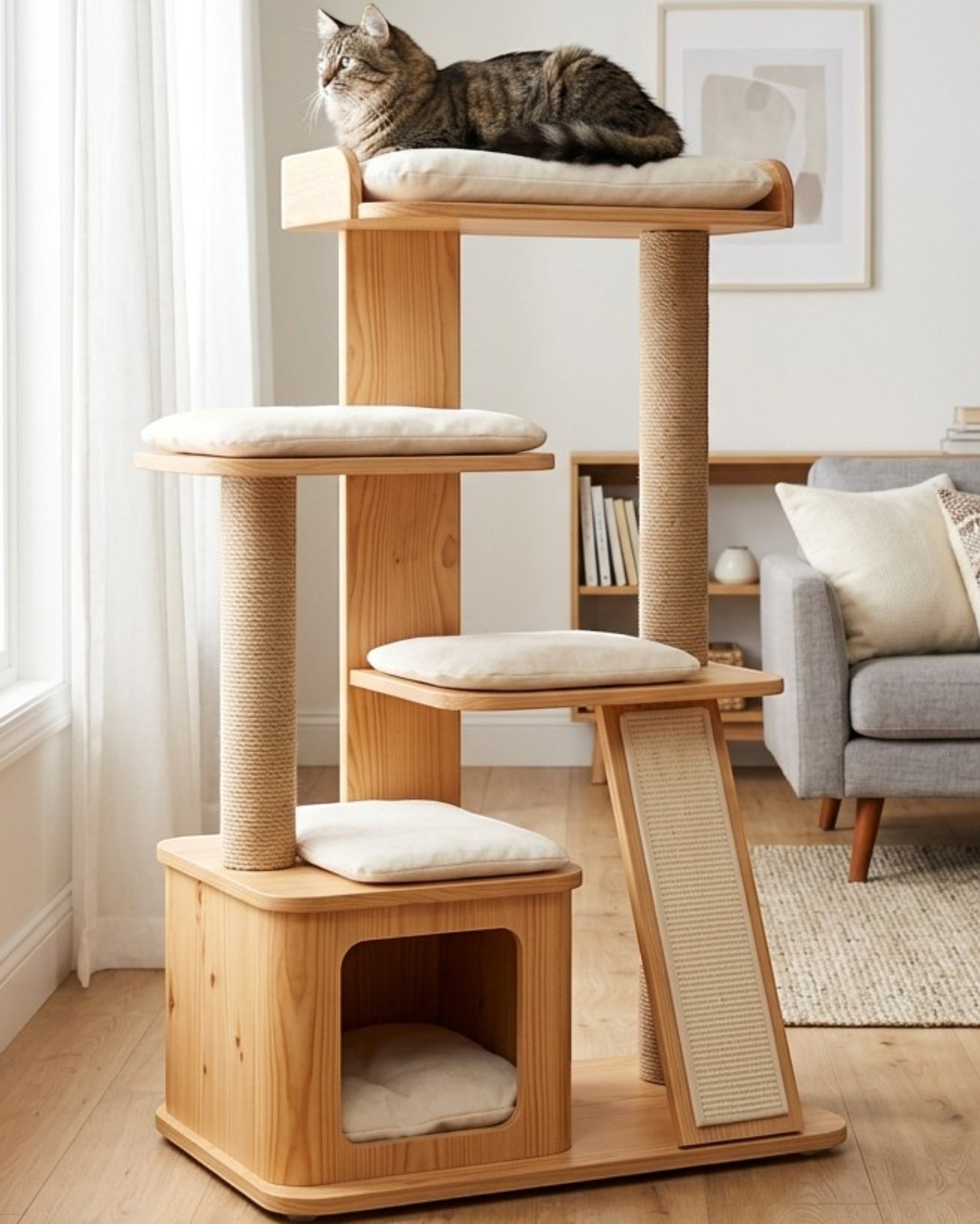 Vibno Wooden Cat Tree with Cushioned Perches 45 in Natural