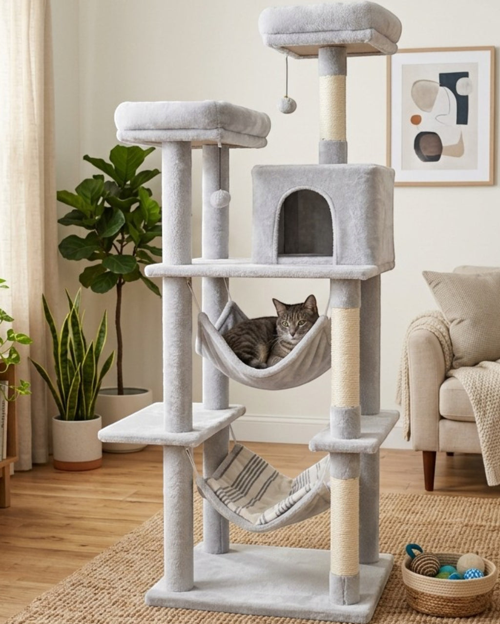 Vibno Cat Tower with Hammock and Condo 48 in Light Gray