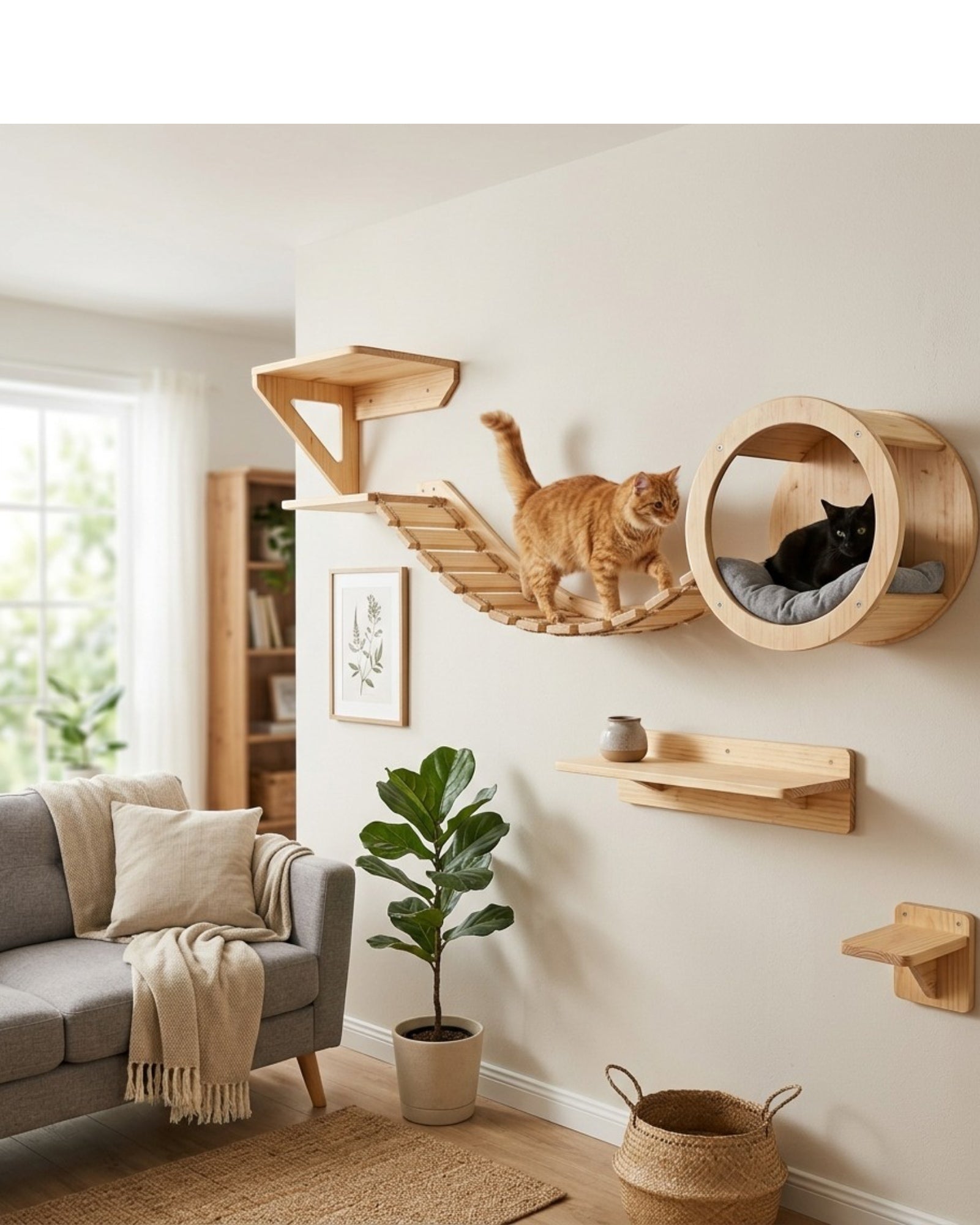 Vibno Wall-Style Cat Climbing Shelf Set Wood 5-Piece Natural