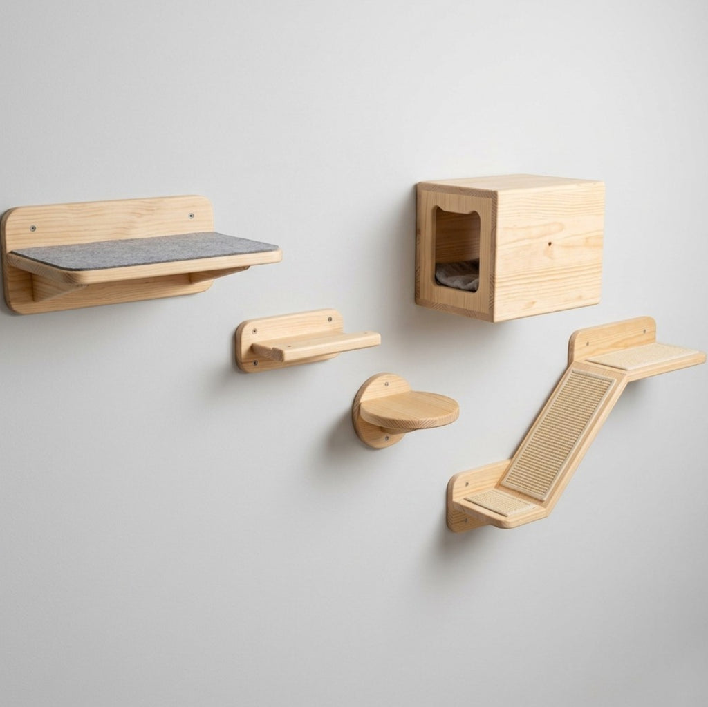 Vibno Wall-Style Cat Climbing Shelf Set Wood 5-Piece Natural