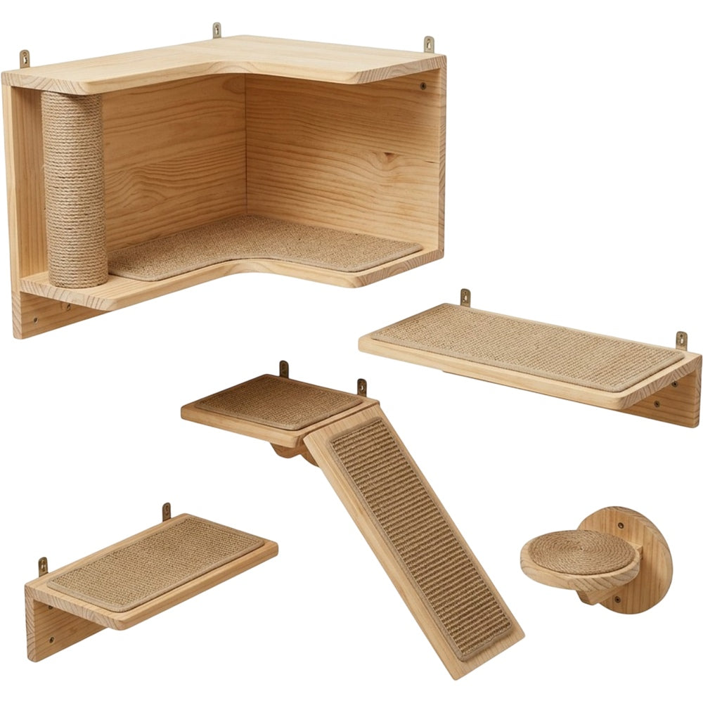 Vibno Wall-Style Cat Climbing Shelf Set Wood 5-Piece Natural