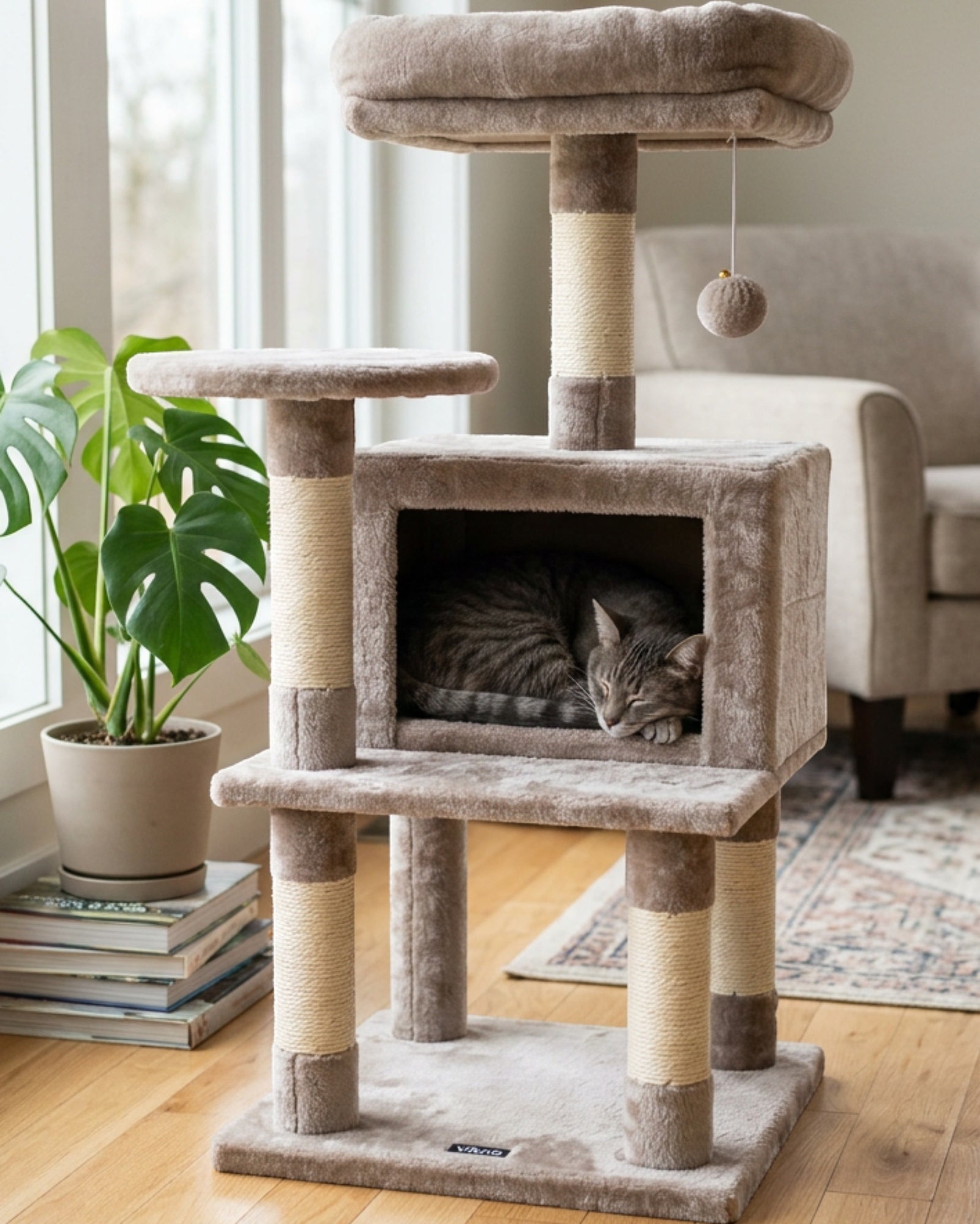 Vibno Plush Cat Scratching Tower Taupe Condo 52 in